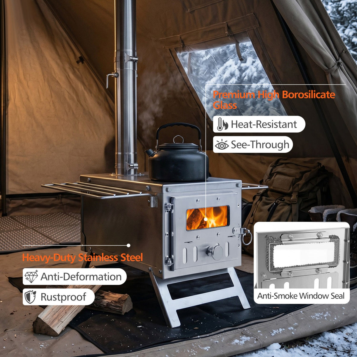 Portable Wood-Burning Tent Stove | 7-Piece Chimney & Cooking Top