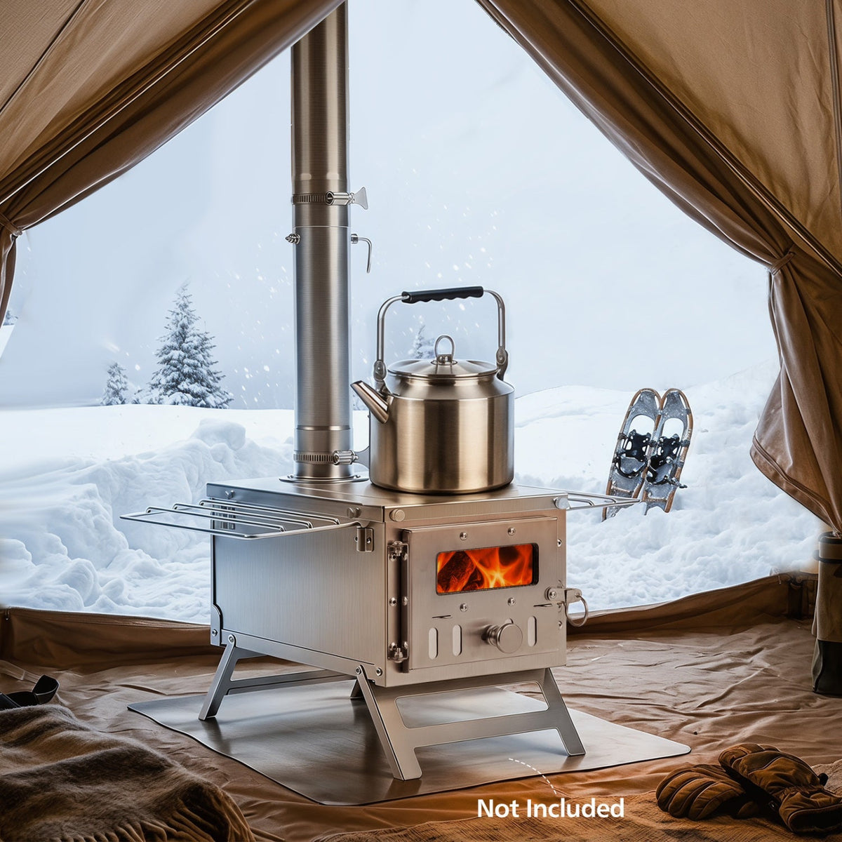Portable Wood-Burning Tent Stove | 7-Piece Chimney & Cooking Top
