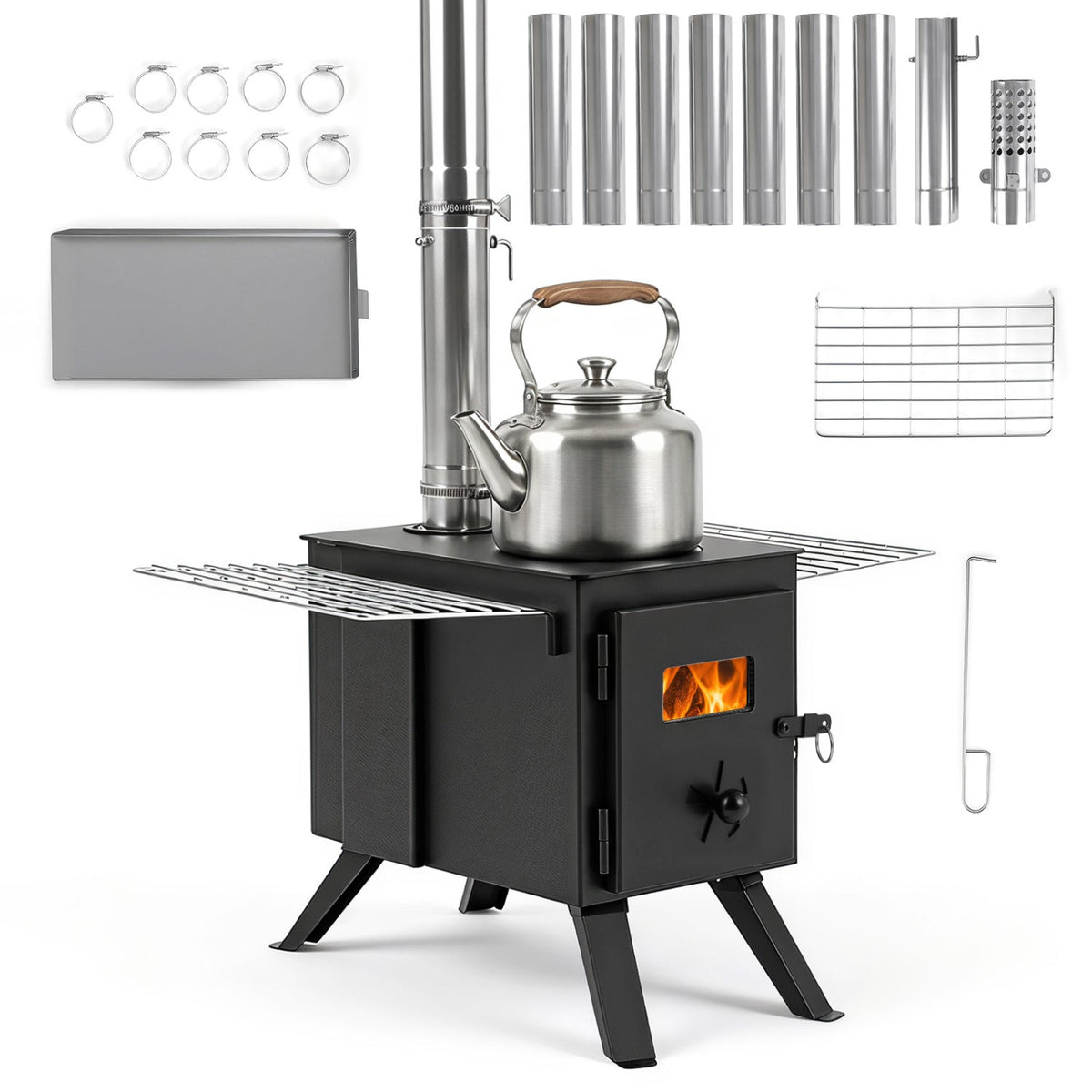 Hot Tent Wood-Burning Stove | 8-Piece Chimney & Ash Tray