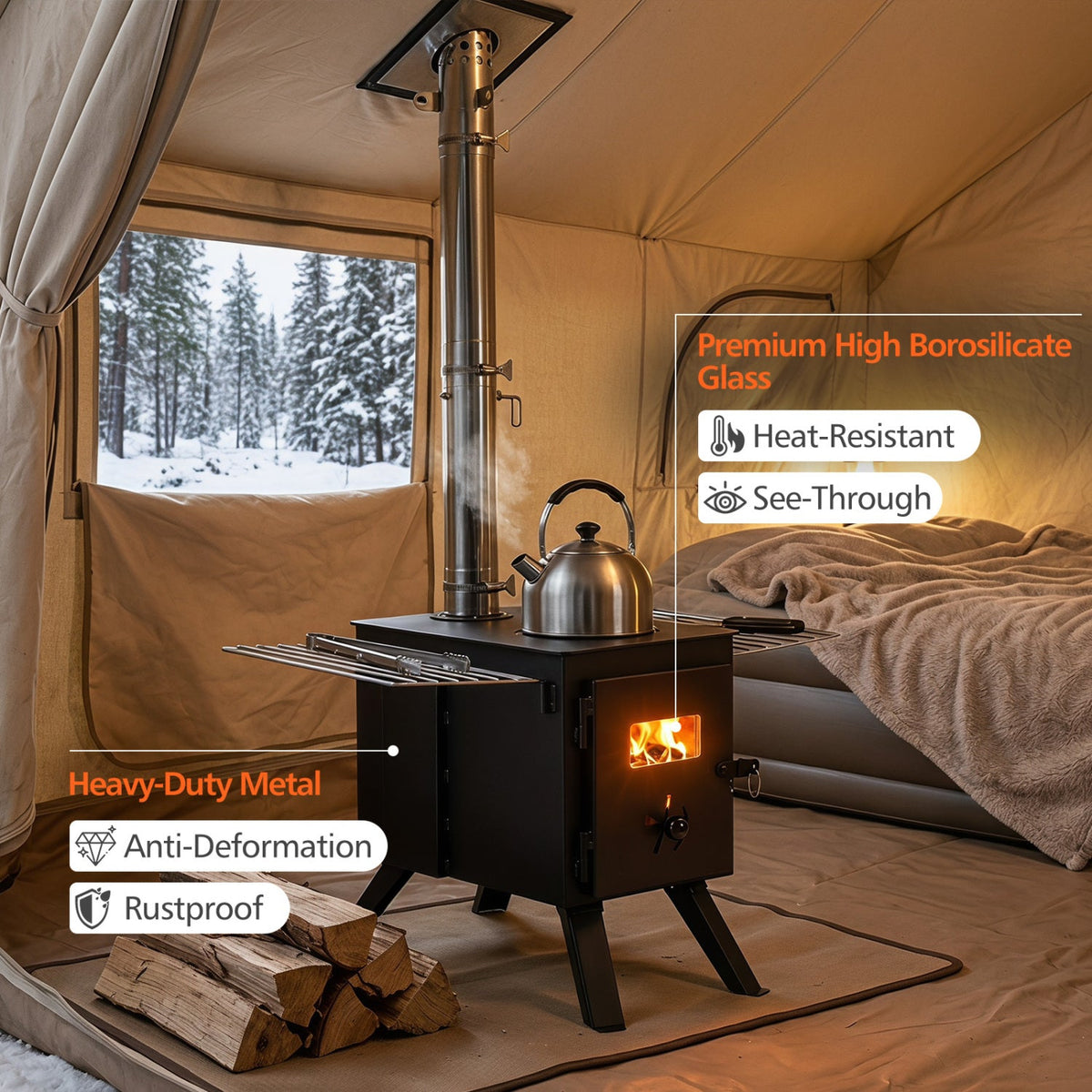 Hot Tent Wood-Burning Stove | 8-Piece Chimney & Ash Tray