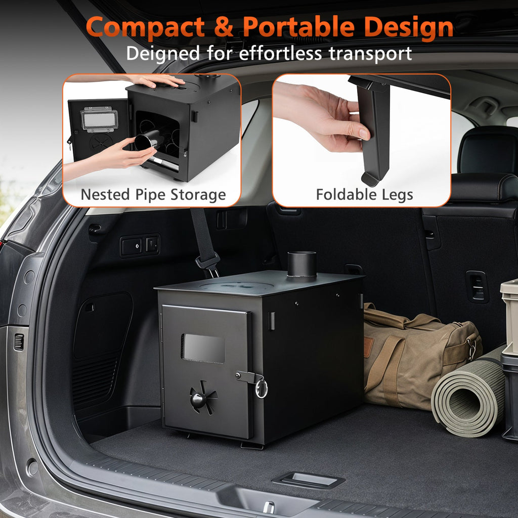Hot Tent Wood-Burning Stove | 8-Piece Chimney & Ash Tray