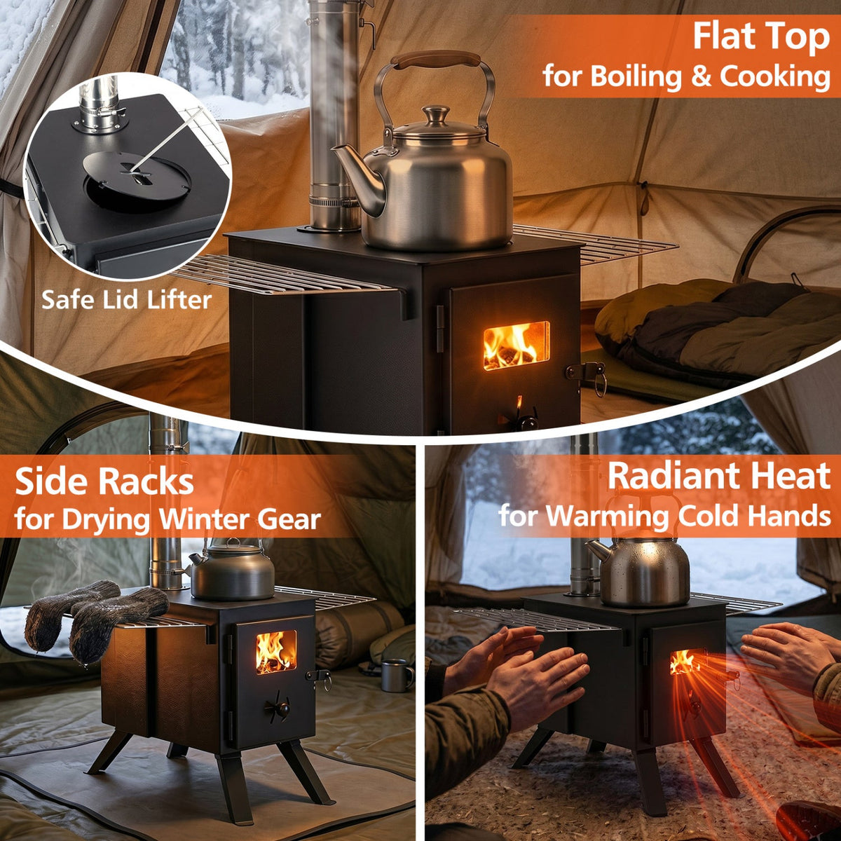 Hot Tent Wood-Burning Stove | 8-Piece Chimney & Ash Tray