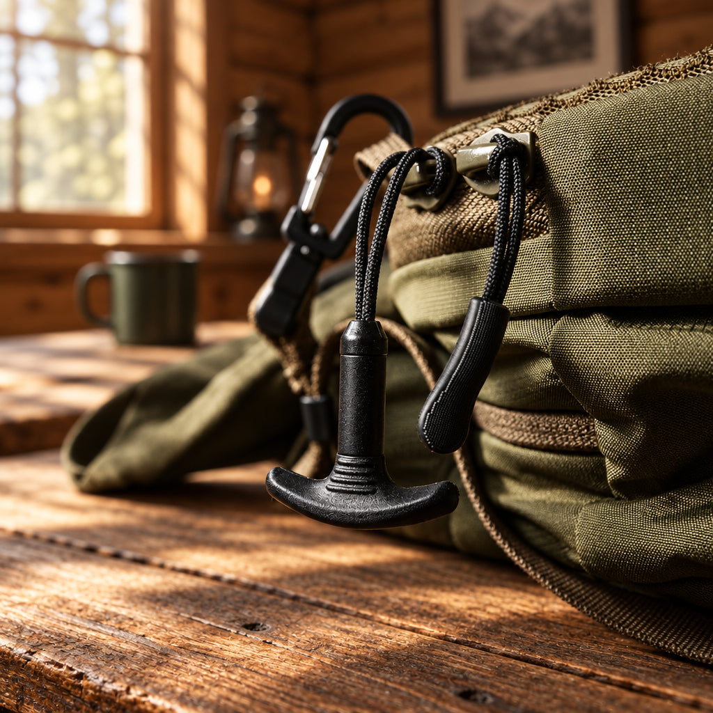Black lanyard with carabiner attached to a green tactical pouch on a dark background