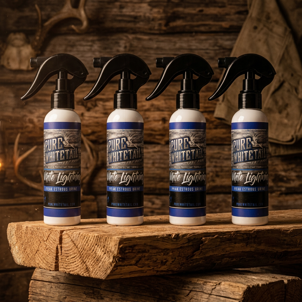 Four spray bottles of Pure Whitetail White Lightener arranged in a row