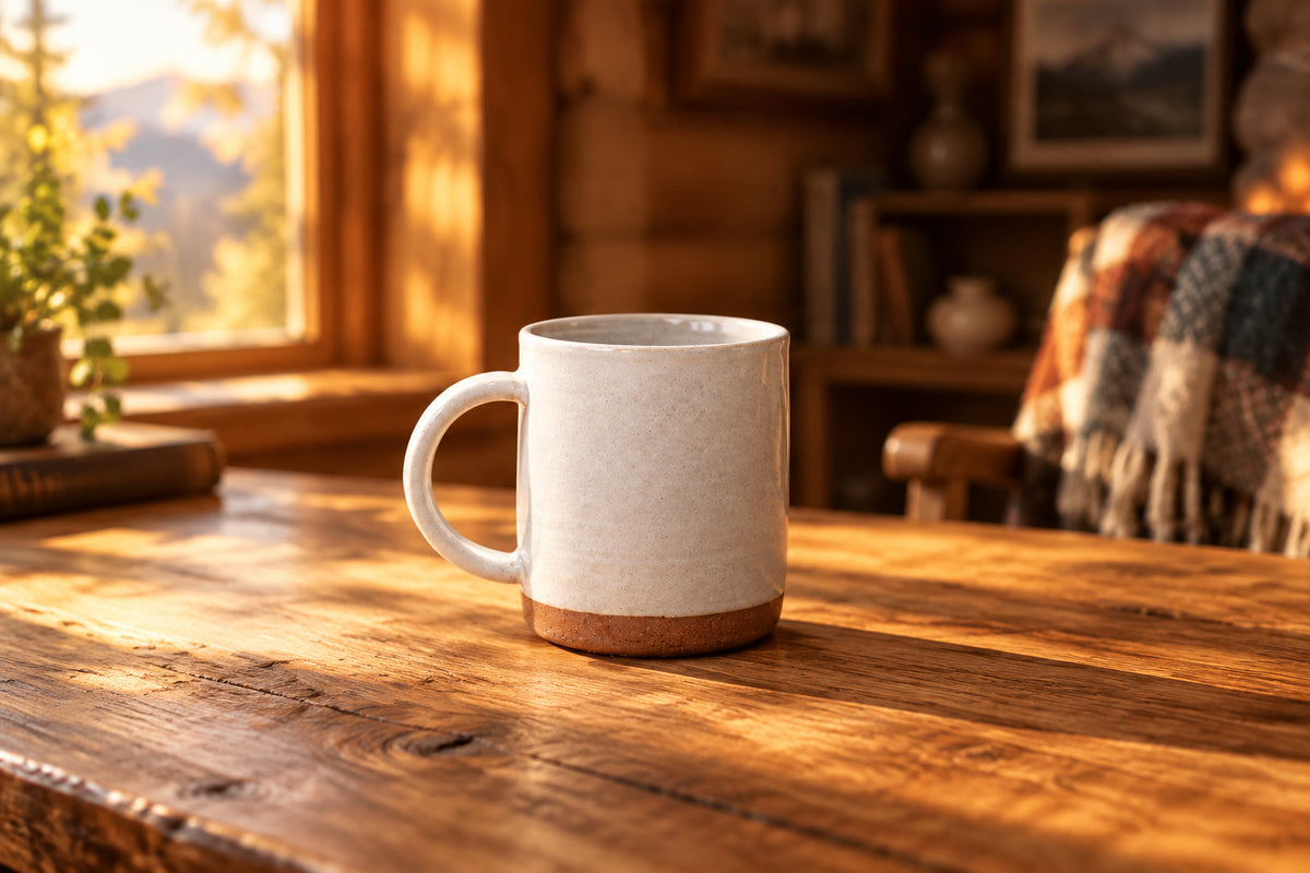 White ceramic mug with a brown base on a white background