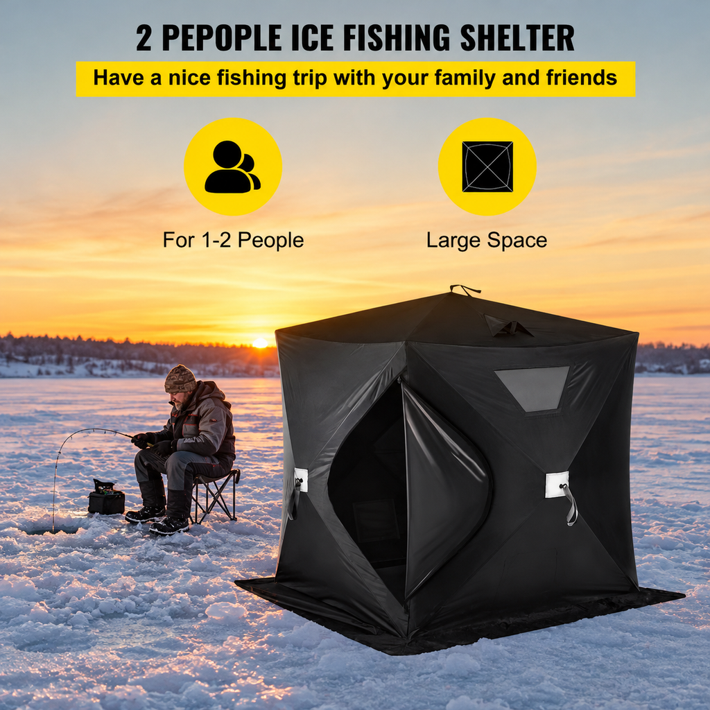 2-3 Person Ice Fishing Shelter, Pop-Up Portable Insulated Ice Fishing Tent, Waterproof Oxford Fabric