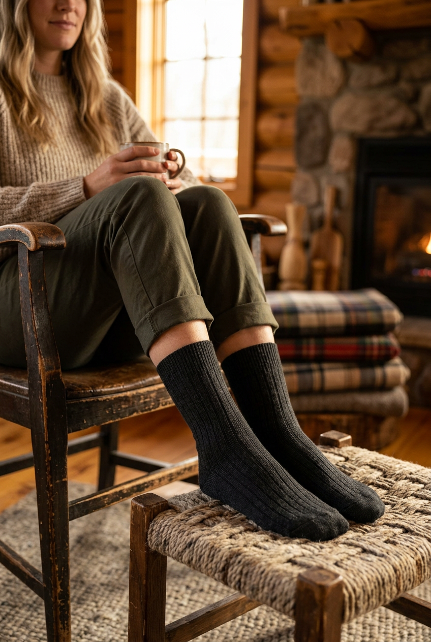 A pair of black ribbed crew socks displayed against a clean white background.