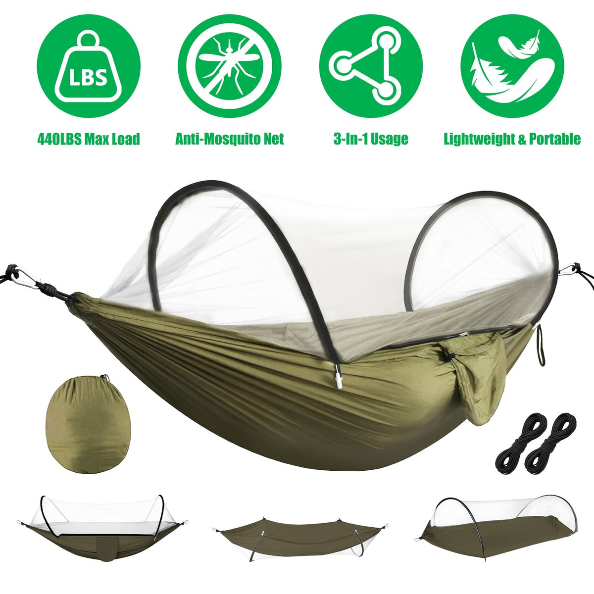3-in-1 Camping Hammock with Mosquito Net | 440-lb Capacity