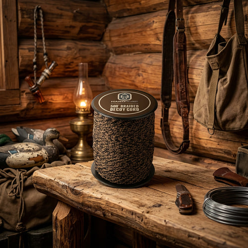 A spool of Hardcore 500' Braided Decoy Cord in a brown and black camouflage braid.