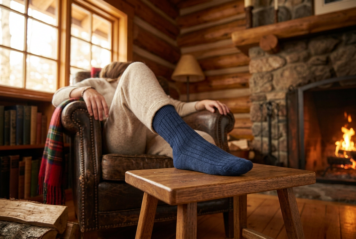 A pair of navy blue ribbed crew socks shown against a plain white background.