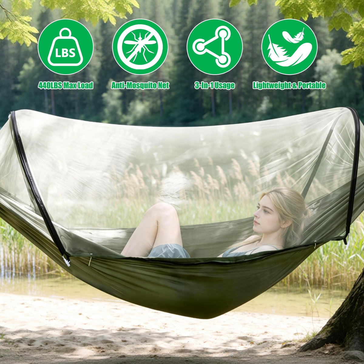 3-in-1 Camping Hammock with Mosquito Net | 440-lb Capacity