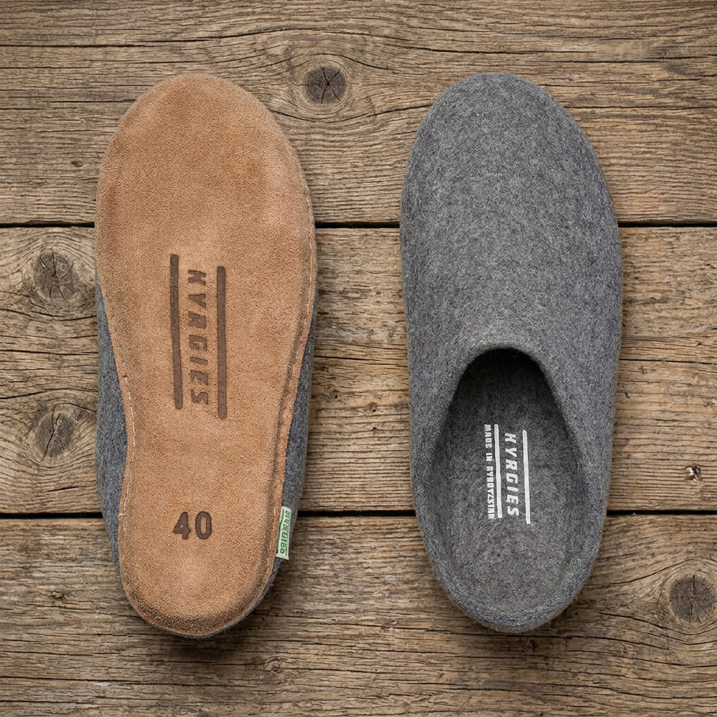 Gray slippers with brown soles 