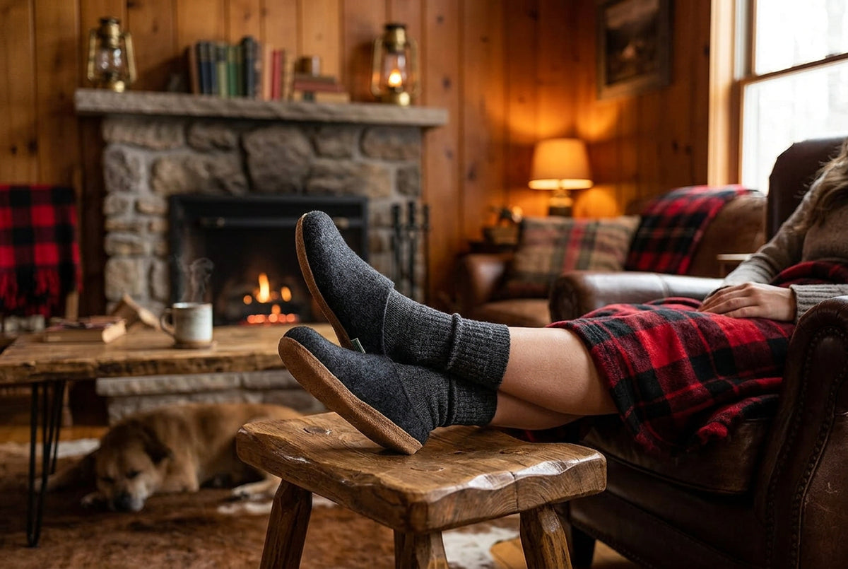 Pair of dark gray slippers with brown soles 