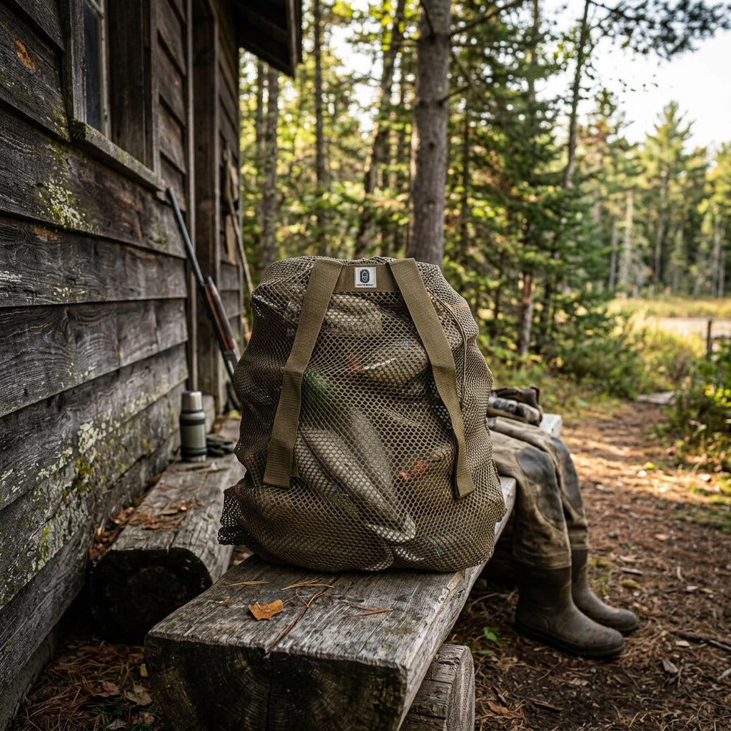Mesh bag with brown straps containing duck decoys
