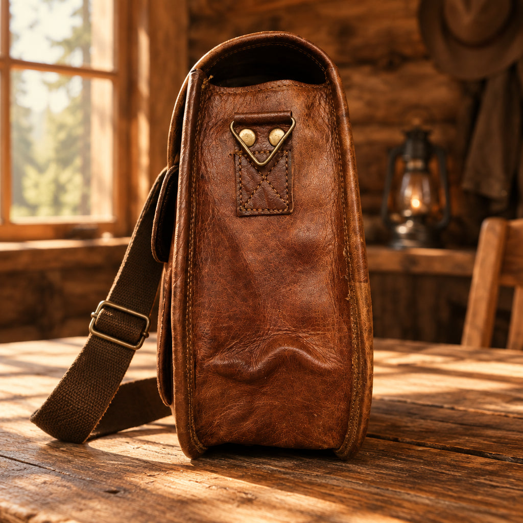 Brown leather pouch with gold accents on a white background
