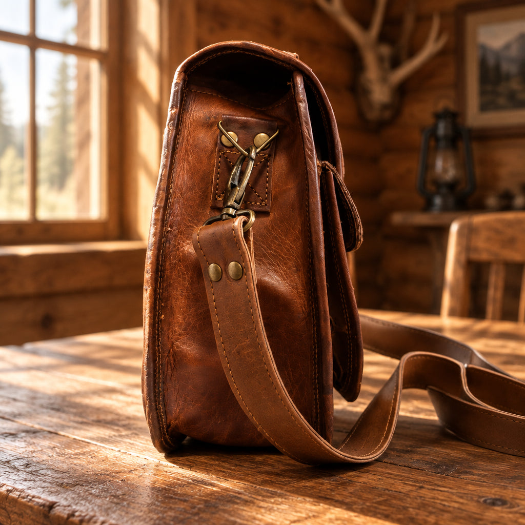 Brown leather bag with strap on a white background