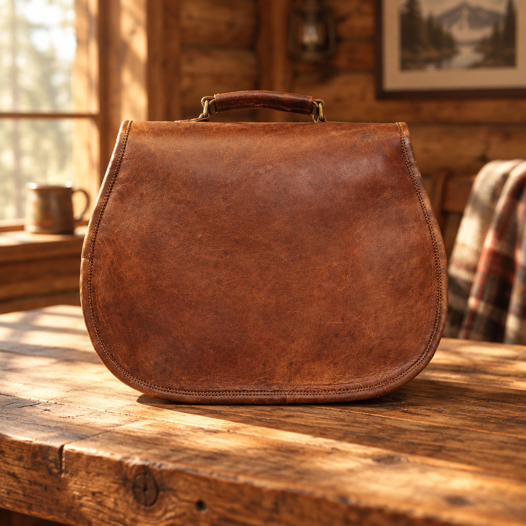 Brown leather saddle bag on a white background
