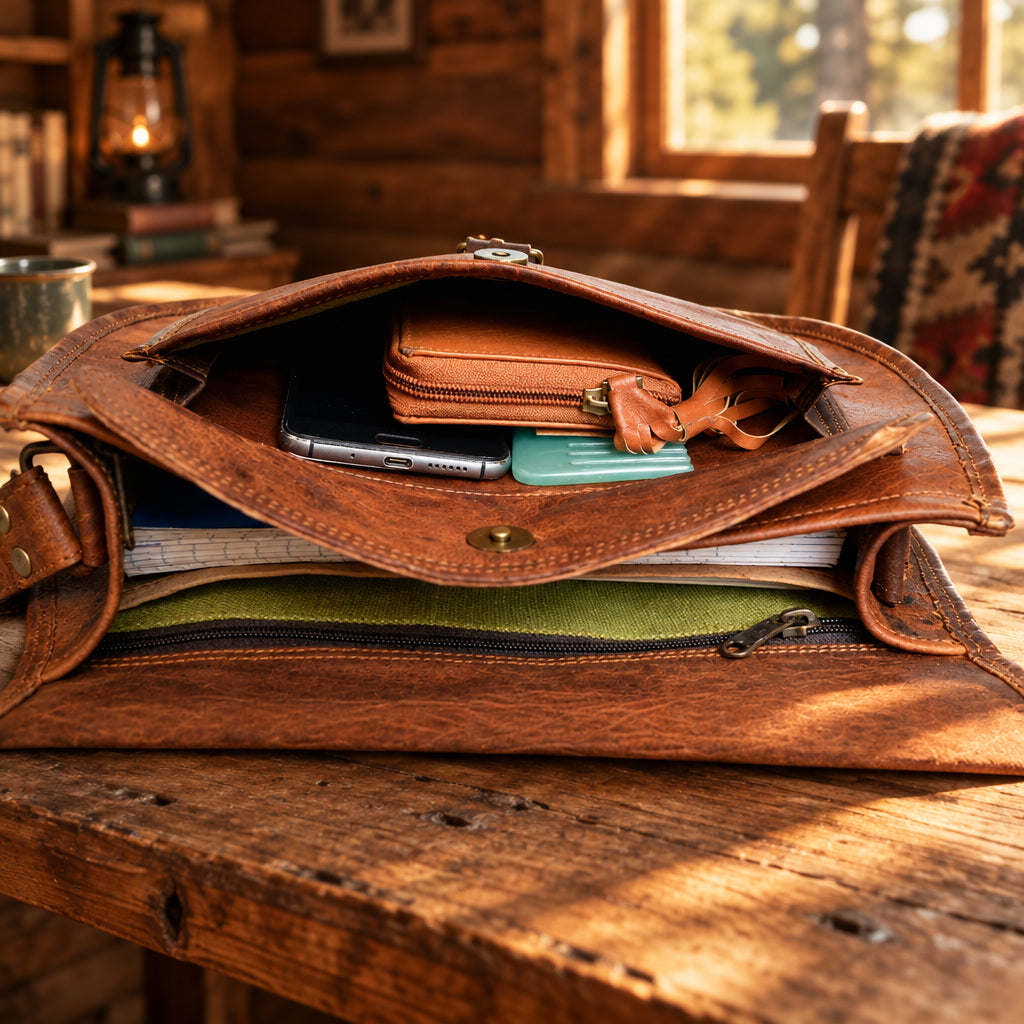 Brown leather bag with compartments containing a phone, wallet, and other items on a white background