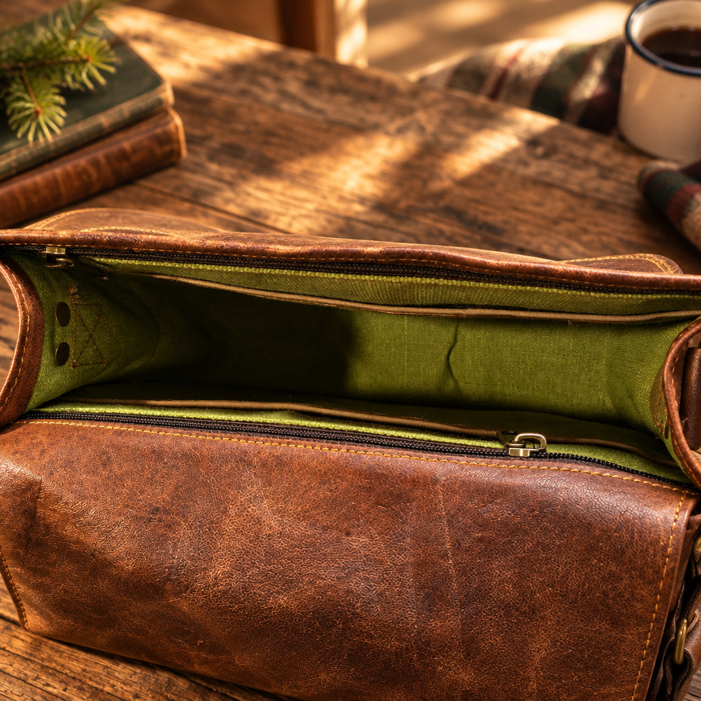 Brown leather bag with green interior on a white background