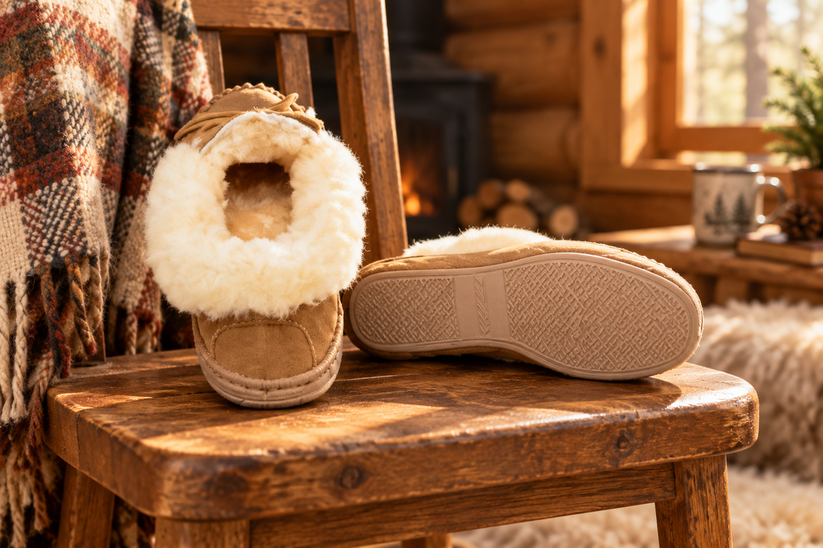 Sheepskin moccasin slippers resting on a wooden chair in a sunlit cabin
