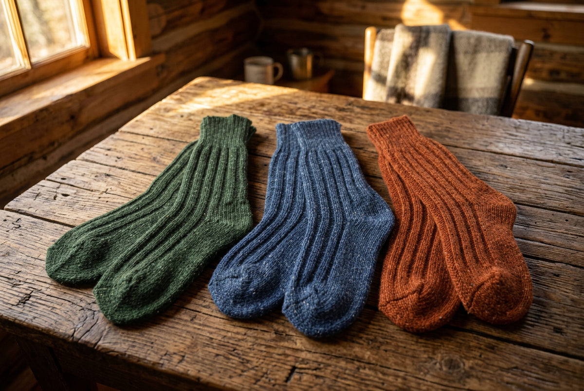 Three pairs of knitted socks in green, blue, and orange on a table.