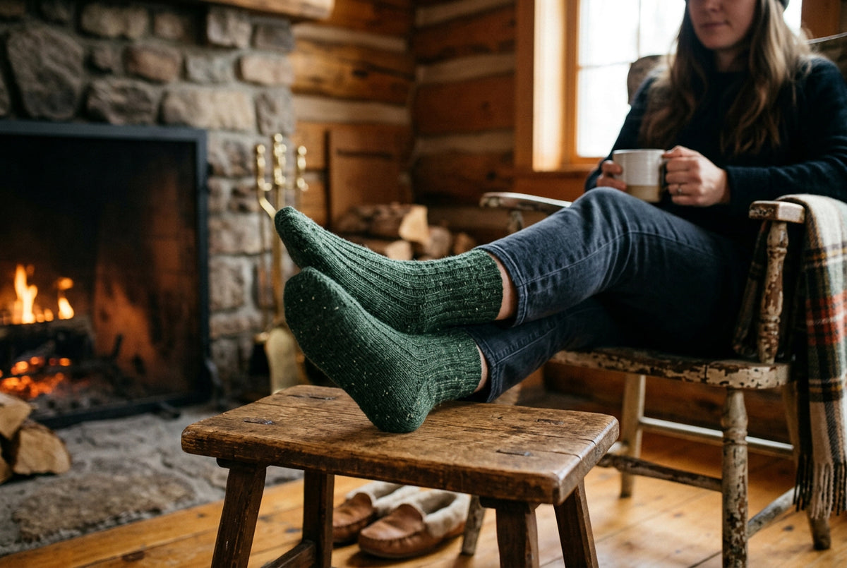A pair of dark green ribbed knit socks.