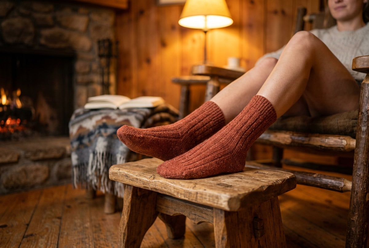 A pair of ribbed knit ankle socks in a warm rust orange color.